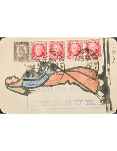 Guerra Civil. Bando Republicano. Sobre 687(4), 745. (1937ca). 30 cts carmín, cuatro sellos y 5 cts castaño. Tarjeta Postal Ilu