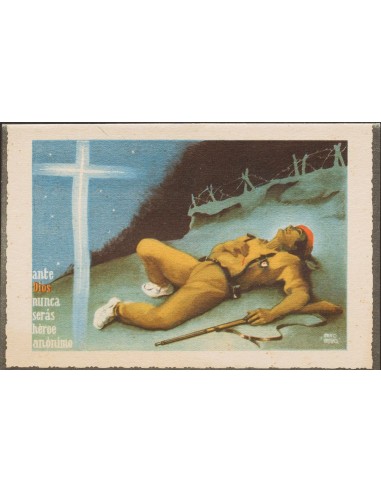 Guerra Civil. Postal Nacional. (*). 1937. Tarjeta Postal Ilustrada Carlista. ANTE DIOS NUNCA SERAS HEROE ANONIMO. MAGNIFICA.