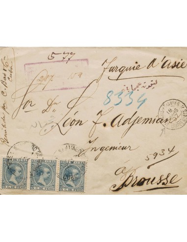 Cuba. Sobre 149(3). 1897. 5 ctvos azul, tira de tres. SANTIAGO DE CUBA a BURSA (TURQUIA). En el frente fechador de tránsito PA