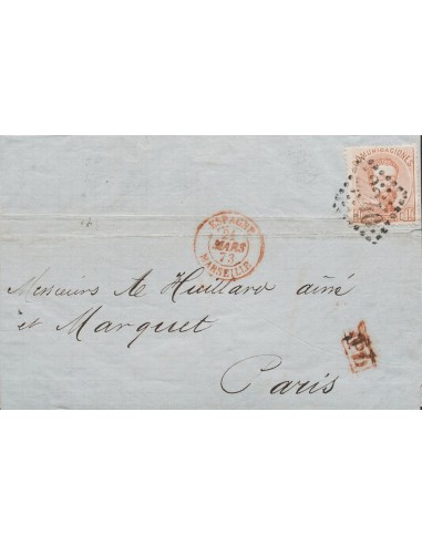 Amadeo I. Sobre 125. 1872. 40 cts castaño (doblez de archivo). Dirigida a PARIS (FRANCIA). Matasello francés ROMBO DE PUNTOS N