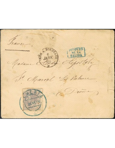 Andalucía. Historia Postal. Sobre 204. 1886. 25 cts azul gris. ALMERIA a SAINT MARCEL LES VALENCE (FRANCIA). Matasello fechado