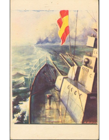 Guerra Civil. Postal Nacional. (*). (1936ca). Tarjeta Postal Ilustrada Nº9 (Buque), con leyenda al dorso "Y también en el mar