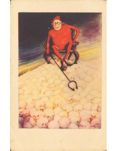 Guerra Civil. Postal Nacional. (*). (1936ca). Tarjeta Postal Ilustrada Nº10 (Diablo sobre calaveras), con leyenda al dorso "Nu