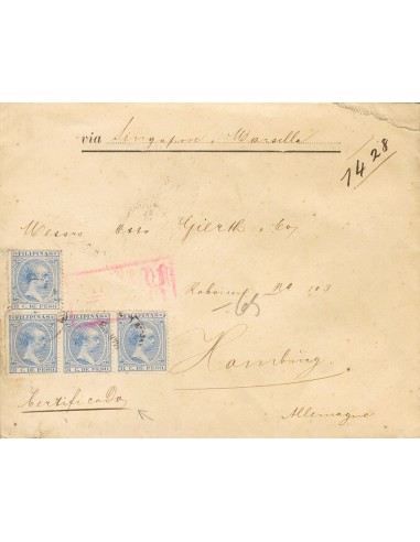 Filipinas. Sobre 98. 1893. 8 ctvos ultramar, cuatro sellos. Certificado de MANILA a HAMBURGO (ALEMANIA). Al dorso llegada. MAG