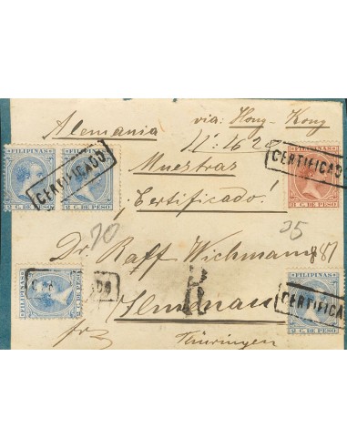 Filipinas. Sobre 123(4), 113. (1896ca). 2 ctvos azul ultramar, cuatro sellos y 8 ctvos castaño rojo. Frontal de Certificado di