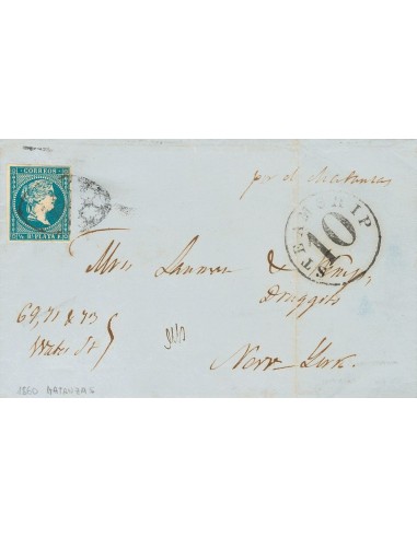 Cuba. Sobre . 1860. ½ real azul. MATANZAS a NUEVA YORK (U.S.A.). En el frente marca STEAMSHIP / 10 y manuscrito "Por el Matanz