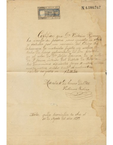 Filipinas. Sobre . 1899. 5 ctvos negro PAPEL SELLADO, sobre documento de Obra de MANILA, habilitación U.S. MILITARY GOVERNMENT