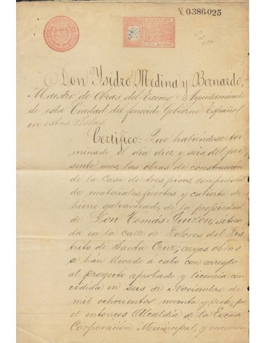 Filipinas. Sobre . 1899. 25 ctvos carmín rosa PAPEL SELLADO, sobre documento de Reconocimiento de Construcción de MANILA, habi
