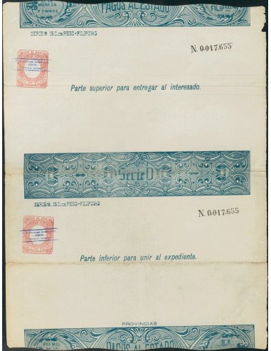 Filipinas. (*). 1901. 10 ctvos castaño PAGOS AL ESTADO (sin inutilizar), sobre hoja completa SERIE D, habilitación U.S. MILITA