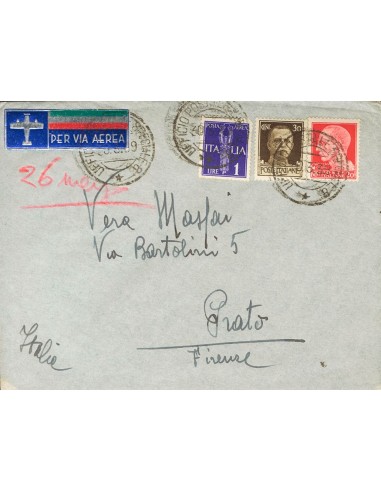 Guerra Civil. Voluntario Italiano. Sobre . 1939. 20 cts rojo, 30 cts castaño y 1 lira violeta. Carta (completa) dirigida a PRA