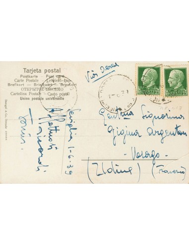 Guerra Civil. Voluntario Italiano. Sobre . 1939. 25 cts verde de Italia, dos sellos (tonalizados). Tarjeta Postal de SEVILLA a