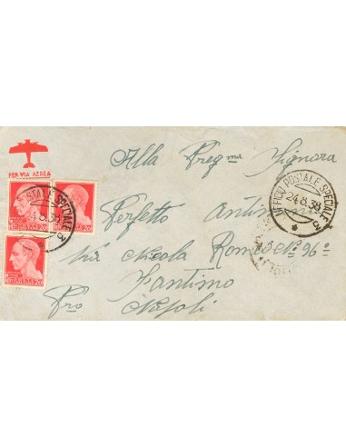 Guerra Civil. Voluntario Italiano. Sobre . 1938. 20 cts rojo de Italia, tres sellos. Dirigido a SANT´ANTIMO (ITALIA). Matasell