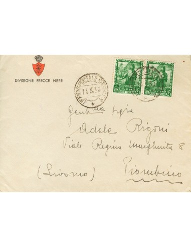 Guerra Civil. Voluntario Italiano. Sobre . 1939. 25 cts verde, dos sellos de Italia. Sobre (con membrete) DIVISIONE FRECCE NER