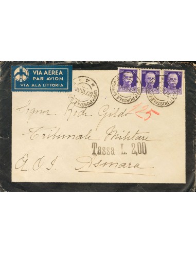 Guerra Civil. Voluntario Italiano. Sobre . 1938. 50 cts violeta, tres sellos, de Italia. ZARAGOZA a ASMARA (ERITREA). Matasell