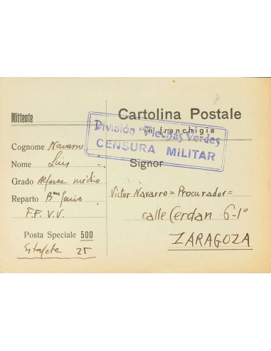 Guerra Civil. Voluntario Italiano. Sobre . 1939. Tarjeta Postal de la Posta Speciale 500 de CIRUELOS (TOLEDO) a ZARAGOZA. Marc