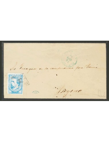 Correo Carlista. Sobre 156. 1874. 1 real azul. DURANGO (VIZCAYA) a BAYONA (FRANCIA). Al dorso tránsito por Alsasua. MAGNIFICA.