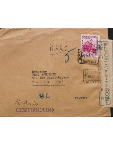 República Española Correo Certificado. Sobre 771. 1938. 4 pts lila rosa. BARCELONA a FRANCIA. Al dorso llegada. MAGNIFICA Y RA