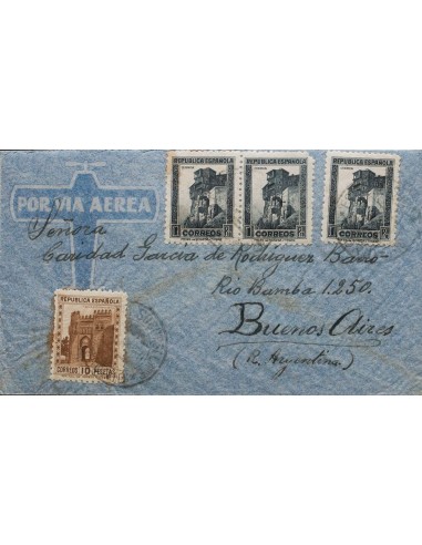 República Española Correo Aéreo. Sobre 772, 770(3). 1939. 10 pts castaño y 1 pts gris, tres sellos. MADRID a BUENOS AIRES (ARG