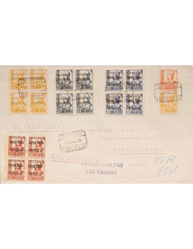 Canarias. Sobre 40/43(4). 1938. Serie completa, en bloque de cuatro. Certificado de PUERTO DE LA LUZ a FREDRIKSTAD (NORUEGA).