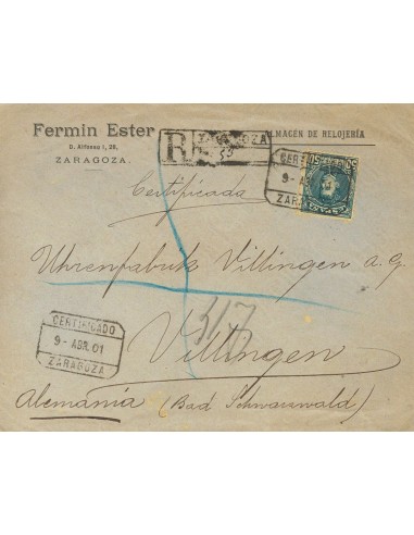 Aragón. Historia Postal. Sobre 252. 1901. 50 cts azul verdoso. Certificado de ZARAGOZA a VILLINGEN (ALEMANIA). Al dorso llegad