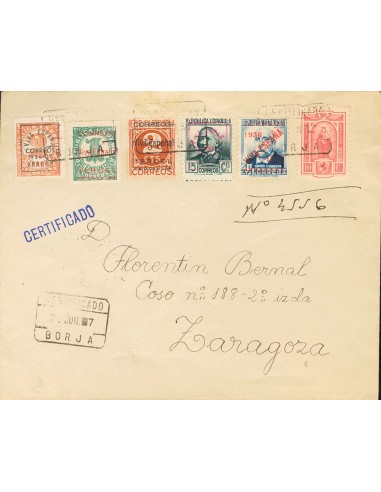 Guerra Civil. Emisión Local Patriótica. Sobre 36, 2, 15, Teruel 1/2. 1937. 40 cts azul, 2 cts castaño rojo, 15 cts gris verdos