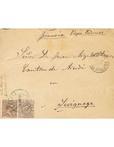 Aragón. Historia Postal. Sobre 219. 1890. 15 cts castaño y Timbre Móvil de 10 cts castaño. ALCAÑIZ a ABUDY (FRANCIA). Matasell