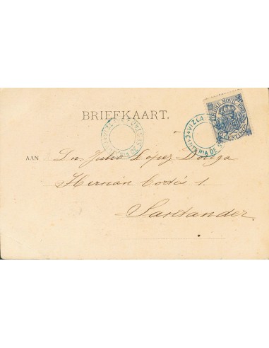 Fiscal. Sobre 22. (1902ca). 10 cts azul, Timbre Móvil (1902). Tarjeta Postal de SESTAO a SANTANDER. Matasello especial CARTERI