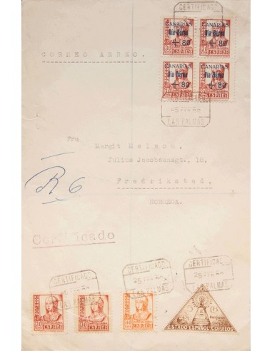 Canarias. Sobre 45. 1938. 80 cts sobre 30 cts, bloque de cuatro y diversos valores. Certificado de LAS PALMAS a NORUEGA. Al do