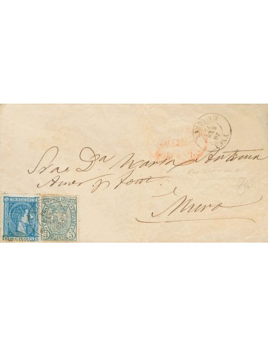 Islas Baleares. Historia Postal. Sobre 164, 154. 1875. 10 cts azul y 5 cts verde. INCA a MURO (BALEARES). Matasello YNCA / MAL