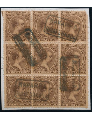 Navarra. Filatelia. º219(9). 1889. 15 cts castaño, bloque de nueve. Matasello cartería NAVARRA / RIBAFORRADA, en azul. MAGNIFI
