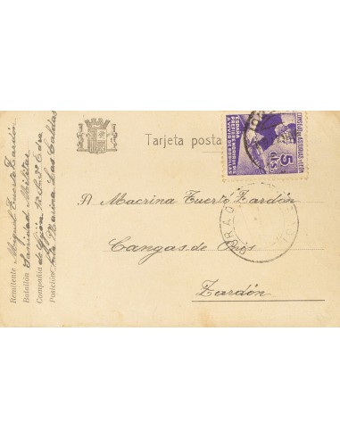 Asturias y León. Sobre 2. 1937. 5 cts violeta. Tarjeta Postal de Campaña de LAS CALDAS a ZARDON. MAGNIFICA.