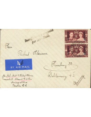 Guerra Civil. Bando Nacional. Sobre . 1937. 1½ d castaño lila de la Oficina Británica de Tánger, dos sellos. Remitida por un m