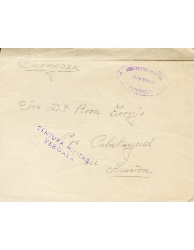 Guerra Civil. Censura Militar Bando Nacional. Sobre . 1937. (17 de Abril). Carta (con texto) de PLACENCIA DE LAS ARMAS (GUIPUZ