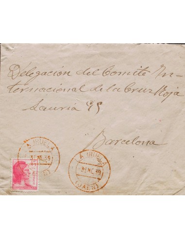 Andalucía. Historia Postal. Sobre 752. 1939. 45 cts rosa. LA IRUELA a BARCELONA. Matasello LA IRUELA / (JAEN), en rojo. MAGNIF