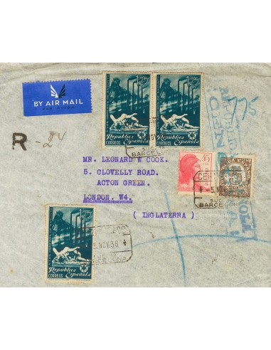República Española Correo Certificado. Sobre 774(3), 745, 752. 1938. 1´25 pts azul, tres sellos, 5 cts castaño y 45 cts rosa.