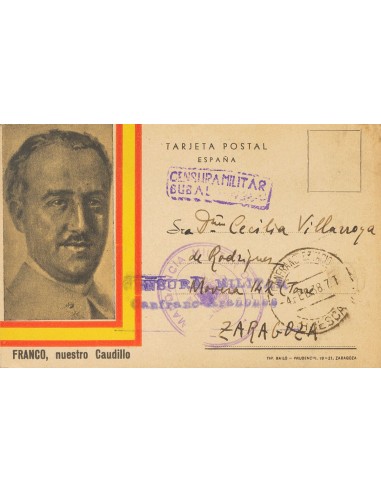 Guerra Civil. Bando Nacional. Sobre . 1938. Tarjeta Postal Patriótica de BUBAL (VALLE DE TENA, HUESCA) a ZARAGOZA. Marca de fr