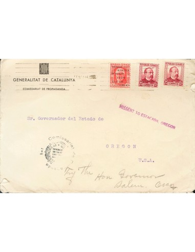 Guerra Civil. Bando Republicano. Sobre 741, 685(2). 1936. 30 cts rojo y 25 cts carmín, dos sellos. BARCELONA a OREGON (USA). E