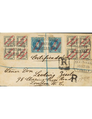 Tánger. Sobre 1(2), 7(2). 1905. 4/4 cts verde, dos sellos y 25 cts azul, dos sellos. Certificado de TANGER a LONDRES (INGLATER