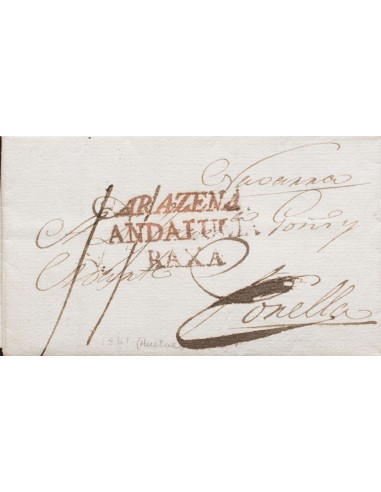 Andalucía. Prefilatelia. Sobre . (1814ca). ARACENA (HUELVA) a CORELLA (NAVARRA). Marca ARAZENA / ANDALUCIA / BAXA, en rojo (P.