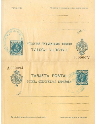 Guinea. Entero Postal. ºEP4. 1905. 10 cts+10 cts azul oscuro sobre Tarjeta Entero Postal, de ida y vuelta (arruguitas en el ce
