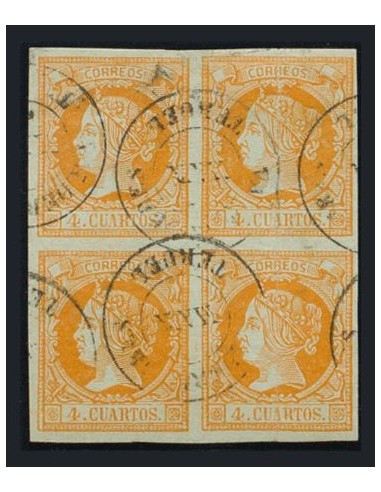 Aragón. Filatelia. º52(4). 1860. 4 cuartos naranja, bloque de cuatro. Matasello VALDERROBRES / TERUEL. MAGNIFICO Y MUY RARO, S