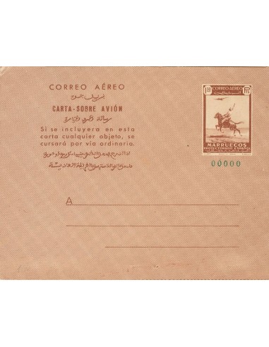 Marruecos. Entero Postal. (*)AE1N. 1949. 1´30 pts castaño sobre Aerograma. Nº00000, en verde. MAGNIFICO.