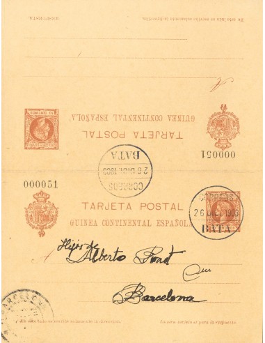 Guinea. Entero Postal. Sobre EP1. 1903. 10 cts castaño sobre Tarjeta Entero Postal, de ida y vuelta, la ida circulada de BATA