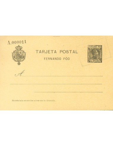 Fernando Poo. Entero Postal. ºEP21. 1907. 10 cts verde negro sobre Tarjeta Entero Postal. Matasello filatélico CORREOS / STA I