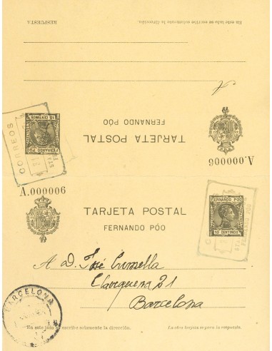Fernando Poo. Entero Postal. ºEP22. 1907. 10 cts + 10 cts verde negro sobre Tarjeta Entero Postal, de ida y vuelta. Matasello
