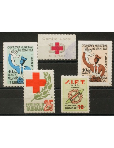 Guerra Civil. Locales. (*)/º. 1937. Conjunto de cinco sellos Locales de TARRASA (BARCELONA). MAGNIFICOS Y RAROS. (Fesofi 1, 2,