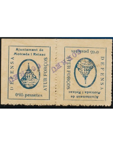 Guerra Civil. Locales. 1937. 5 cts azul, pareja CAPICUA, UN SELLO SOBRECARGA INVERTIDA (conservación habitual). MONTCADA Y REI