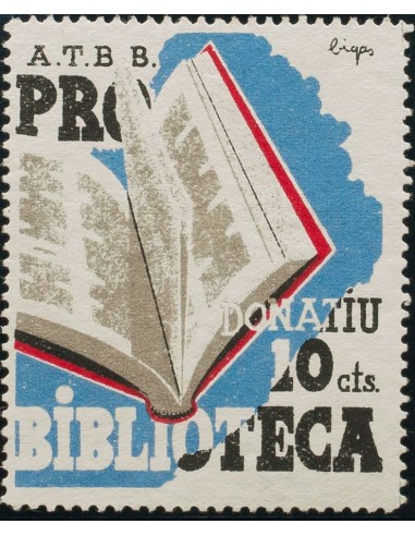 Guerra Civil. Viñeta. (*). 1937. 10 cts negro, azul y rojo. A.T.B.B. PRO BIBLIOTECA. MAGNIFICO Y RARO. (Guillamón 2041, Doméne