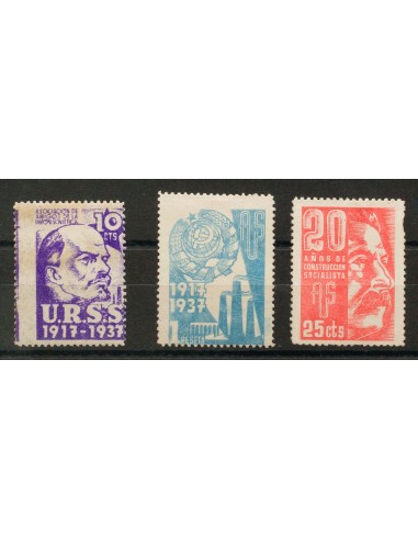 Guerra Civil. Viñeta. (*). 1937. 10 cts violeta, 1 pts azul y 25 cts rosa (conservación habitual). AMIGOS DE LA UNION SOVIETIC