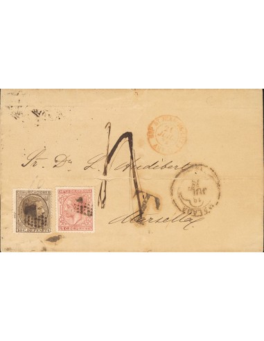 Andalucía. Historia Postal. Sobre 192, 188. 1878. 10 cts castaño y 15 cts carmín. MALAGA a MARSELLA (FRANCIA) (leves erosiones